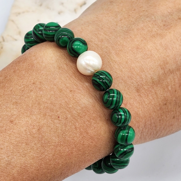 Natural Freshwater Pearl Malachite Bracelet Silver Charm Nieman Marcus Jewelry - Picture 6 of 11